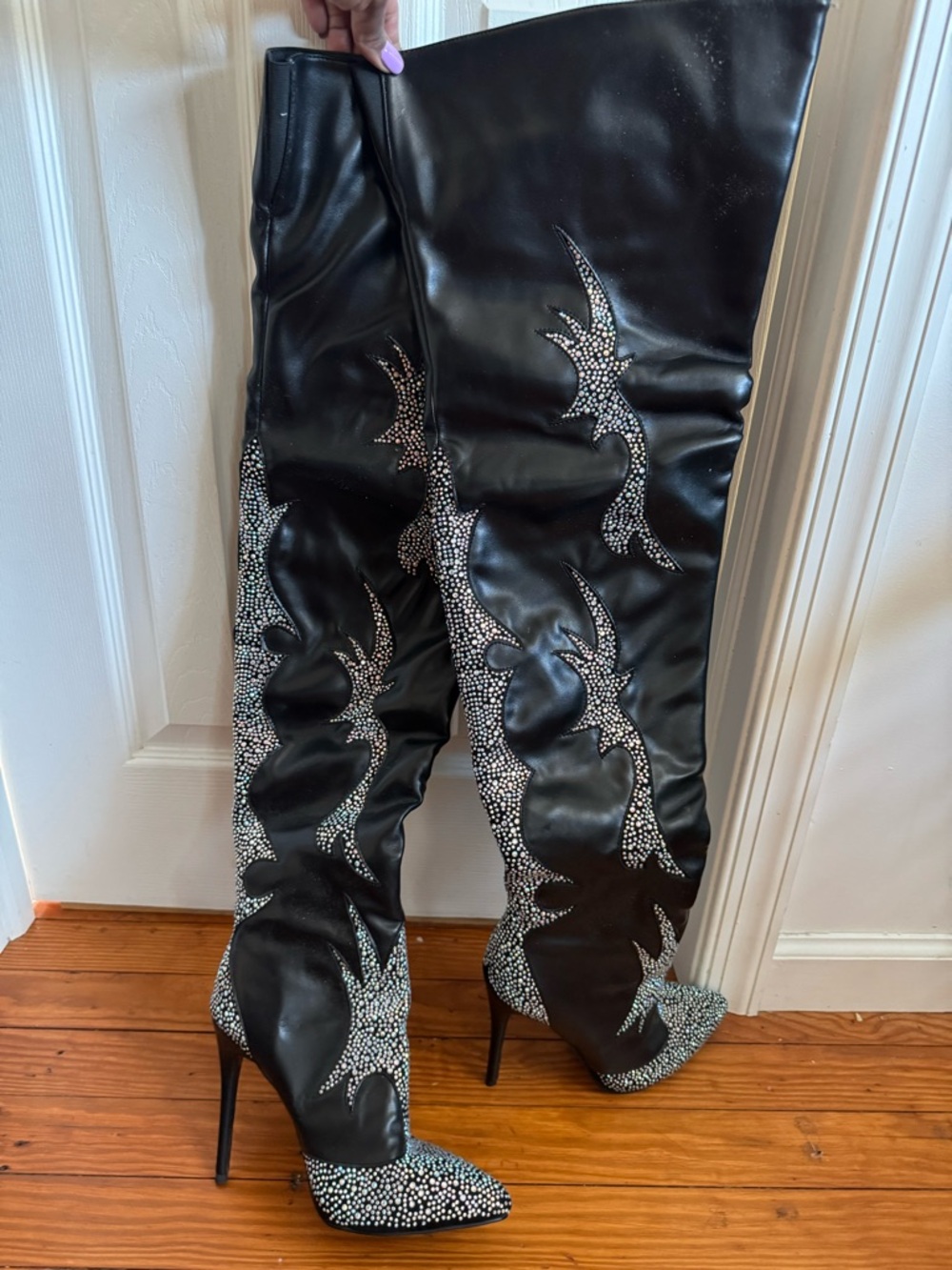 AKIRA Black Rhinestone Flame Over-the-Knee Stiletto Boots